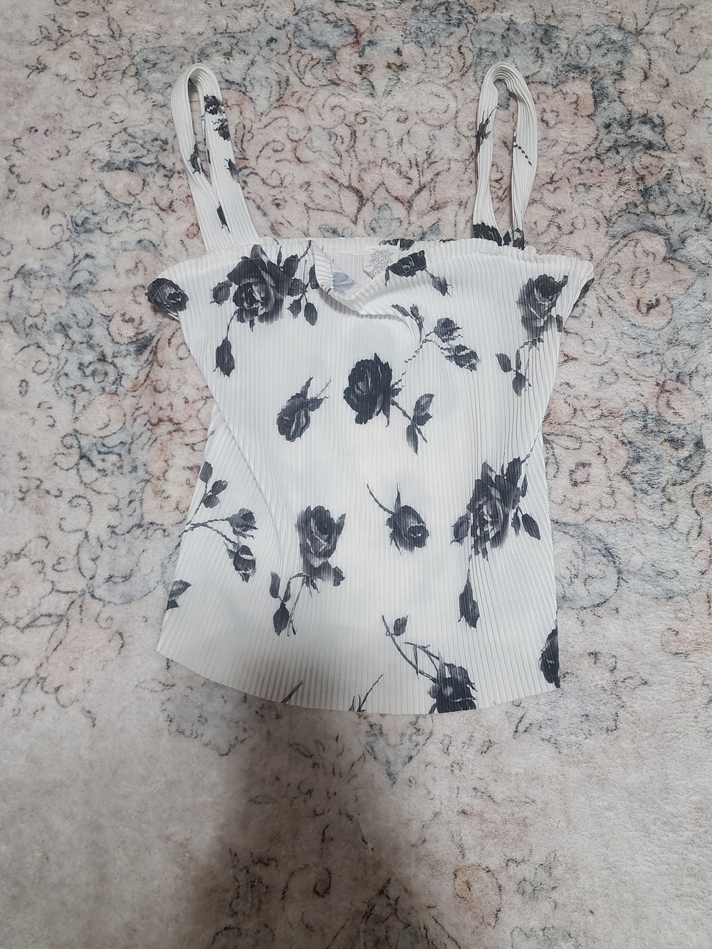 Vintage White Floral Ribbed Tank Top with Black Rose Print